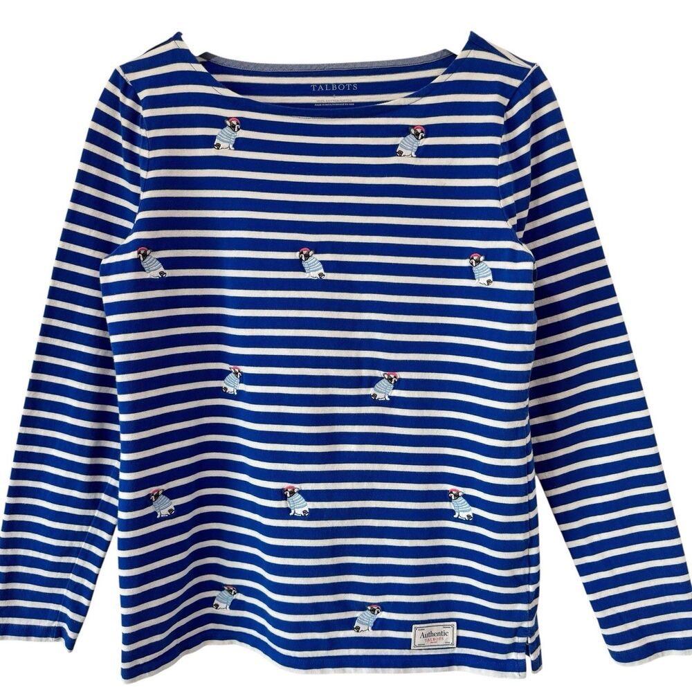 Talbots Stripe Blue Top Nautical Embroidered Frenchie 100% Cotton Preppy Small